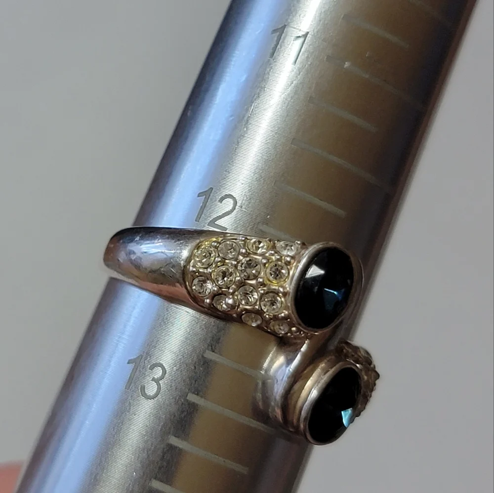 Vintage Silver Tone Faux Diamond and Sapphire Bypass RingSize 12.5